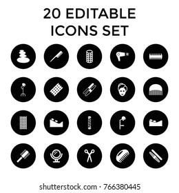 Salon icons. set of 20 editable filled salon icons such as comb, barber scissors, mirror, hair curler, spa stone, spa mask, sawing, hair dryer
