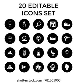 Salon icons. set of 20 editable filled salon icons such as mirror, hair dryer, nail, powder, woman in spa, spa stone. best quality salon elements in trendy style.