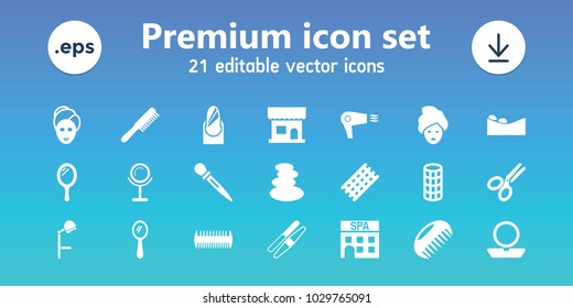 Salon icons. set of 21 editable filled salon icons includes comb, mirror, spa stones, hair curler, powder, spa mask, sawing, scissors, hair dryer, nail
