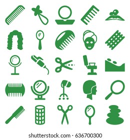 Salon icons set. set of 25 salon filled icons such as comb, barber scissors, mirror, barber chair, spa stones, hair curler, hairstyle, powder, woman in spa, hair barrette