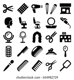 Salon icons set. set of 25 salon filled icons such as comb, mirror, hair dryer, barber scissors, beauty salon, barber chair, hair curler, hairstyle, powder, woman in spa