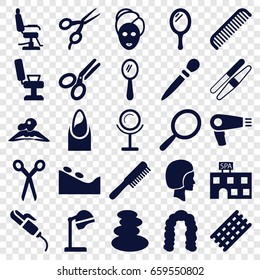 Salon icons set. set of 25 salon filled icons such as barber scissors, comb, mirror, hair dryer, salon hair dryer, barber chair, spa stones, hair curler, hairstyle, nail