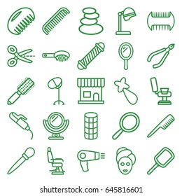 Salon icons set. set of 25 salon outline icons such as comb, mirror, hair dryer, hair brush, spa stones, woman in spa, spa mask, nail sawing