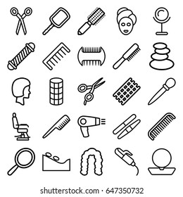 Salon icons set. set of 25 salon outline icons such as barber scissors, comb, hair dryer, mirror, hair brush, barber chair, spa stones, hair curler, hairstyle, powder