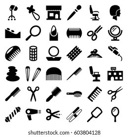 Salon icons set. set of 36 salon filled icons such as comb, barber scissors, mirror, hair dryer, hair brush, beauty salon, barber chair, spa stones, nail, powder, woman in spa