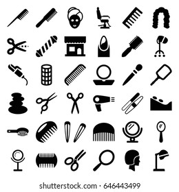 Salon icons set. set of 36 salon filled icons such as comb, barber scissors, mirror, hair dryer, hair brush, barber chair, spa stones, nail, powder, spa stone, spa mask