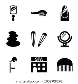 Salon icons. set of 9 editable filled salon icons such as mirror, hair brush, comb, spa stones, hair barrette, salon hair dryer, nail