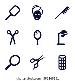 salon icons set. Set of 9 salon filled icons such as barber scissors, comb, mirror, salon hair dryer, spa mask