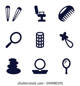 salon icons set. Set of 9 salon filled icons such as comb, mirror, barber chair, spa stones, powder, hair curler
