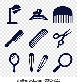 Salon icons set. set of 9 salon filled icons such as comb, mirror, barber scissors, salon hair dryer, woman in spa