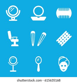 Salon icons set. set of 9 salon filled icons such as comb, mirror, barber chair, hair curler, powder, spa mask
