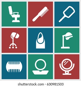 Salon icons set. set of 9 salon filled icons such as comb, mirror, salon hair dryer, barber chair, nail, powder
