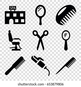 Salon icons set. set of 9 salon filled icons such as comb, barber scissors, mirror, barber chair, spa building