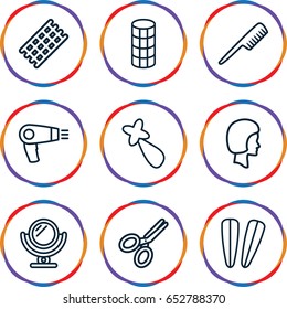 Salon icons set. set of 9 salon outline icons such as comb, mirror, hair dryer, hair curler, hair barrette, scissors