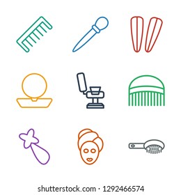 salon icons. Trendy 9 salon icons. Contain icons such as hair brush, spa mask, hair barrette, comb, barber chair, powder, nail sawing. salon icon for web and mobile.