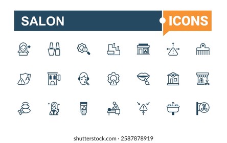 Salon line icons. Includes thin line towel, styling, cosmetic, barbers, haircut and more. Perfect for logos and infographic. Solid line editable stroke.