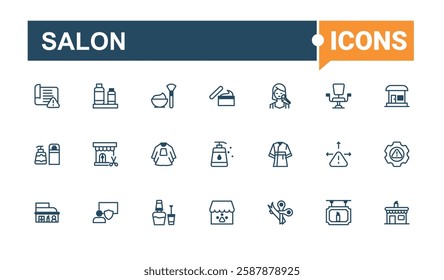 Salon line icons. Includes thin line towel, styling, cosmetic, barbers, haircut and more. Perfect for logos and infographic. Solid line editable stroke.