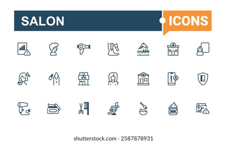 Salon line icons. Includes thin line towel, styling, cosmetic, barbers, haircut and more. Perfect for logos and infographic. Solid line editable stroke.