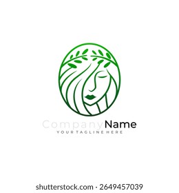 Logotipo de salão, logotipo de produto de beleza com ícone de mulher bonita e cabelo longo