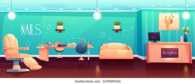 Salon for manicure, pedicure nails care beauty procedures, empty studio interior with reception desk and Pc, furniture, appliances, table, transforming armchair and couch. Cartoon vector illustration