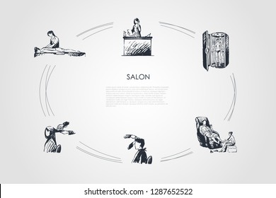 Salon - massage of back and foot, hairdressing, solarium and salon reception vector concept set. Hand drawn sketch isolated illustration