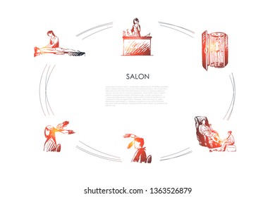 Salon - massage of back and foot, hairdressing, solarium and salon reception vector concept set. Hand drawn sketch isolated illustration