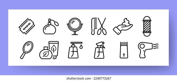 Salon set icon. Blade, mirror, perfume, haircut, scissors, hair dryer, razor, cream, comb. Personal concept. Vector line icon for Business and Advertising.