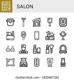 salon simple icons set. Contains such icons as Beauty, Mask, Razor blade, Sauna, Hand mirror, Mirror, Massage, Barber, Lipstick, Makeup, Aromatherapy, can be used for web, mobile and logo