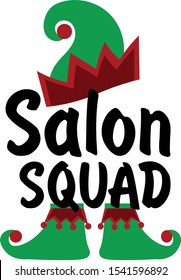 Salon squad print. Green elf hat, and christmas elf boots.