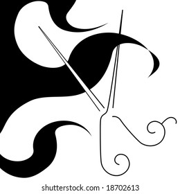 A salon style hair cut scissors and curls symbol, icon, or background.