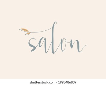 Salon word mark logo. Calligraphic lettering text. Lowercase alphabet initials isolated on light background. Decorative leaf. Script style.