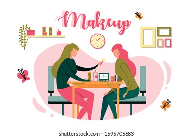 Salon Worker does Makeup to Client, Illustration. Two Girls are Sitting Opposite each other. One Emphasizes Beautiful Features other. Cosmetics are Laid out on Table, Frames with Photos Hang on Wall.