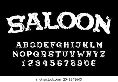 Saloon alphabet font. Chalk letters and numbers in Wild West style. Stock vector typescript for your design.