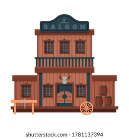 Saloon Architectural Construction, Wild West Wooden Building, Western Town Design Element Vector Illustration
