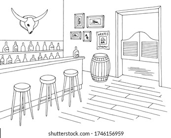 Saloon bar interior graphic black white sketch Wild West illustration vector