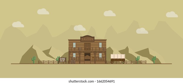 Saloon building on a wild west landscape background. Card or poster. Wooden old house cowboy bar in flat style design. Vector illustration