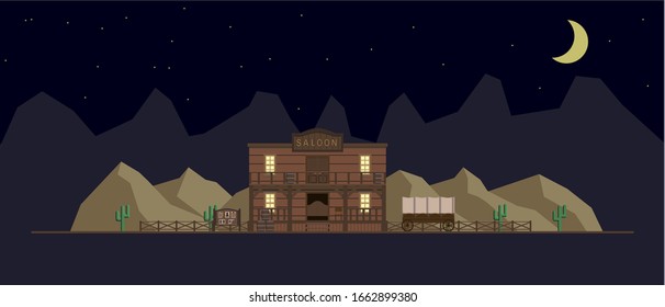 Saloon building on a wild west night landscape background. Card or poster. Wooden old house cowboy bar in flat style design. Vector illustration