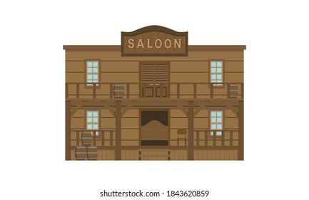 Saloon building on Wild west isolated on white background. Wooden old house cowboy bar in flat style design. Vector illustration