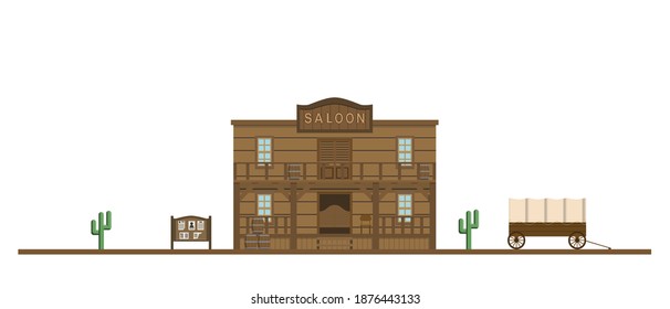 Saloon building on a wild west isolated on white background. Wooden old house cowboy bar in flat style design. Vector illustration