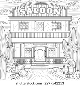 Saloon y cactus. Wild West. Colorante libro antiestrés para niños y adultos. Ilustración aislada sobre fondo blanco. Estilo zenano-margino. Dibujo manual