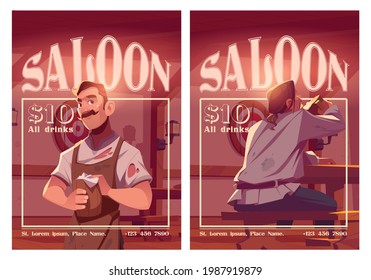 Saloon cartoon ad posters, old style tavern with barista holding wooden tankard and visitor dining. Invitation to retro beer pub, antique bar with desk, benches and tables vector flyer with price