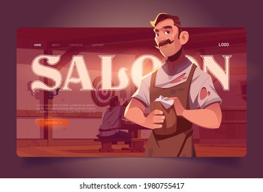 Saloon cartoon landing page, old style tavern interior with barista holding wooden tankard and visitor dining. Invitation to retro beer pub, antique bar with desk, benches and tables vector web banner