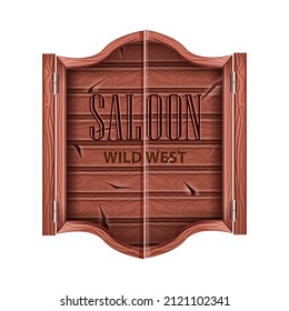 Saloon door, vector wild west bar entrance, vintage Texas wooden pub gate on white. Historical tavern entry, retro America traditional doorway design element. Textured swinging saloon doors icon