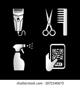 Saloon icons pack. Haircut signs. Haircutting icon. Barbershop logos. Trimmer machine, scissors groom comb, hair spray, QR code payment available. Vector illustration.