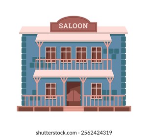 Saloon pub or tavern for city visitors and dwellers. Vector flat cartoon, isolated wooden building exterior, wild west construction facade. Front view with windows and entrance, sign on roof