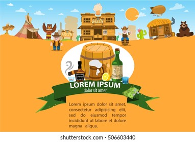 Saloon. Wild West game background. 19th century illustration in cartoon style.