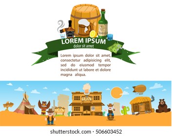 Saloon. Wild West game background. 19th century illustration in cartoon style.