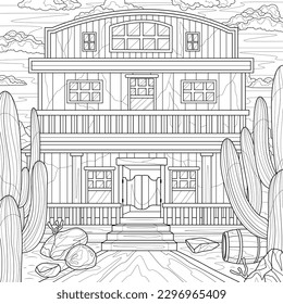 Saloon.Wild West and cacti.Coloring book antistress for children and adults. Illustration isolated on white background.Zen-tangle style. Hand draw