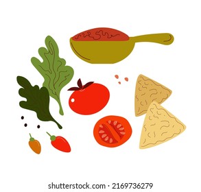  Salsa bowl, Snacks, sauce, chili, nachos, lime, tomatoes, with ingredients. Traditional Mexican food, doodle sketch style vector illustration on white background.