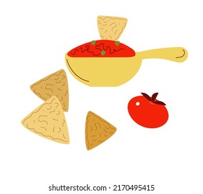  Salsa bowl, Snacks, sauce, chili, nachos, lime, tomatoes, with ingredients. Traditional Mexican food, doodle sketch style vector illustration on white background.